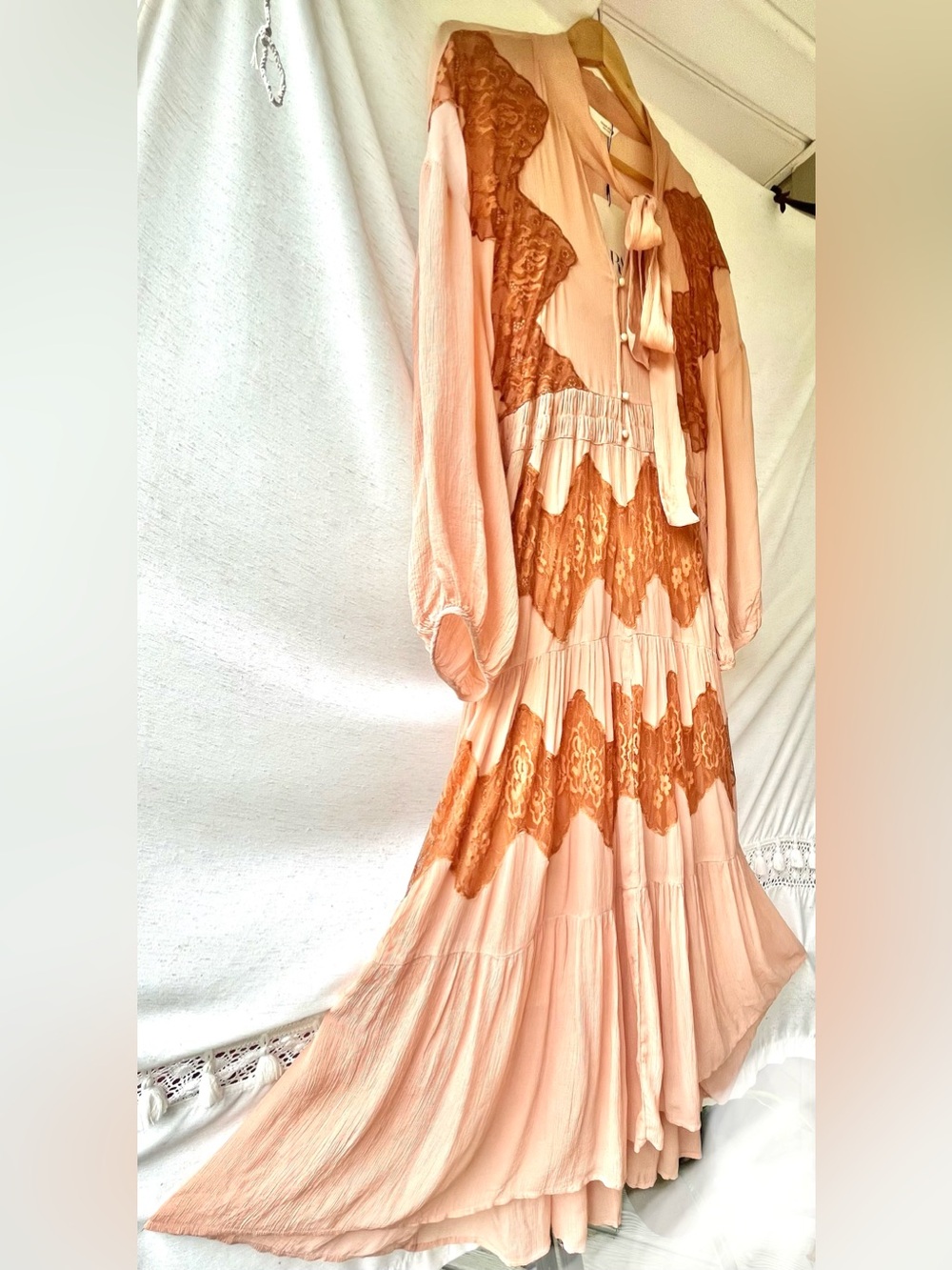 Zara Maxi Lace Dress Crinkle Long Rouched Sleeves High Tie Bow Collar V-Neck Med - Picture 11 of 16